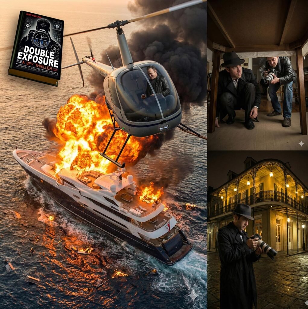 Montage of spy thriller scenes including a helicopter explosion and a photographer in the shadows created by Gemini.