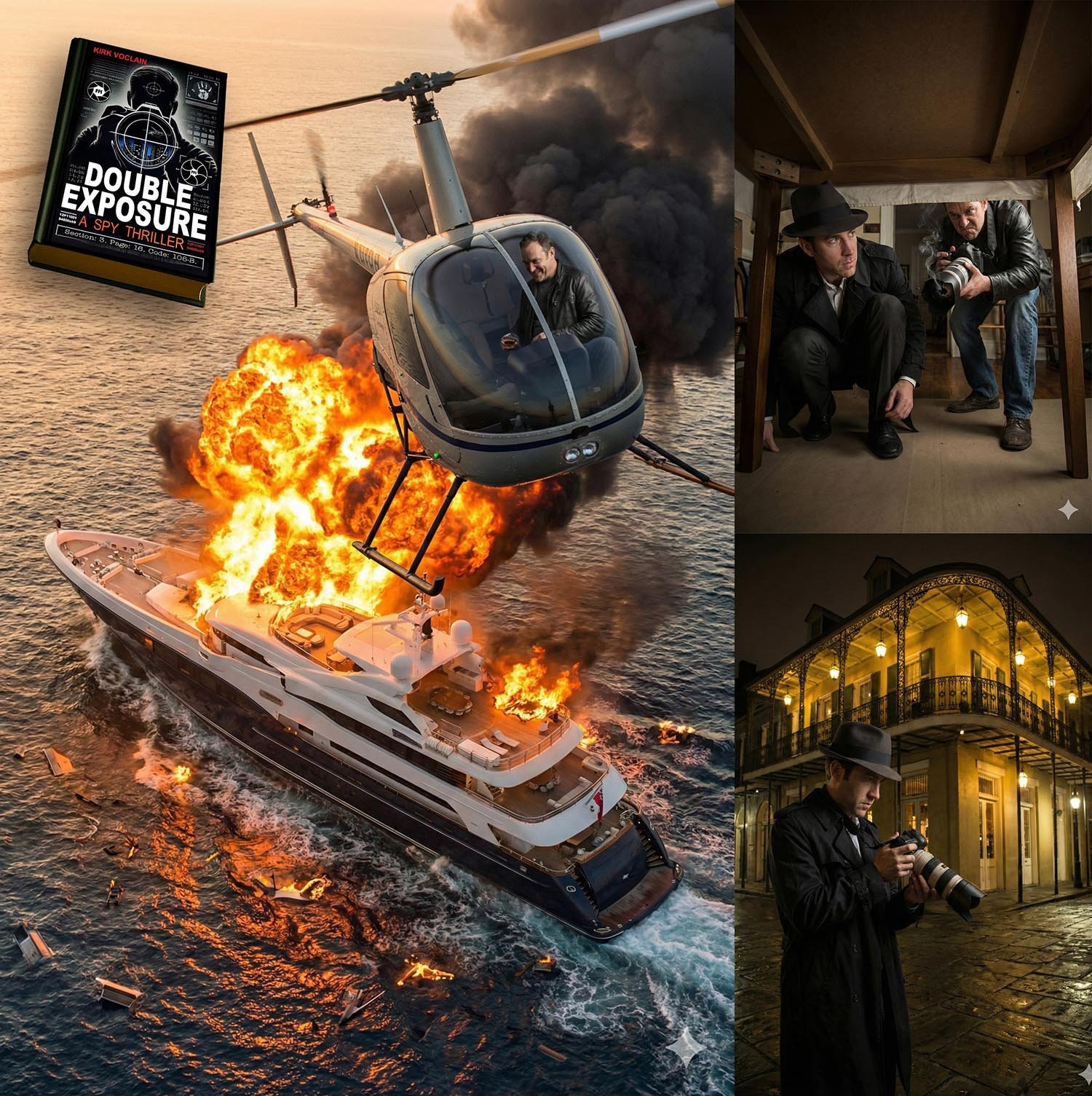 Montage of spy thriller scenes including a helicopter explosion and a photographer in the shadows created by Gemini.
